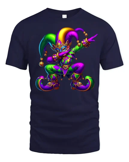 Vibrant Mardi Gras Jester Mask T-Shirt for Festival Lovers - navy t-shirt on white background
