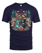 Rock Guitar Skulls and Roses Graphic T-Shirt for Music Fans - navy t-shirt on white background