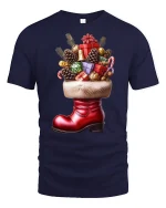 Festive Christmas Gift Boot T-Shirt for Holiday Cheer Lovers - navy t-shirt on white background