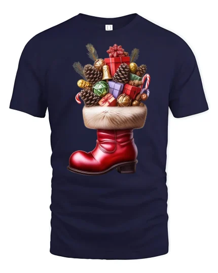 Festive Christmas Gift Boot T-Shirt for Holiday Cheer Lovers - navy t-shirt on white background
