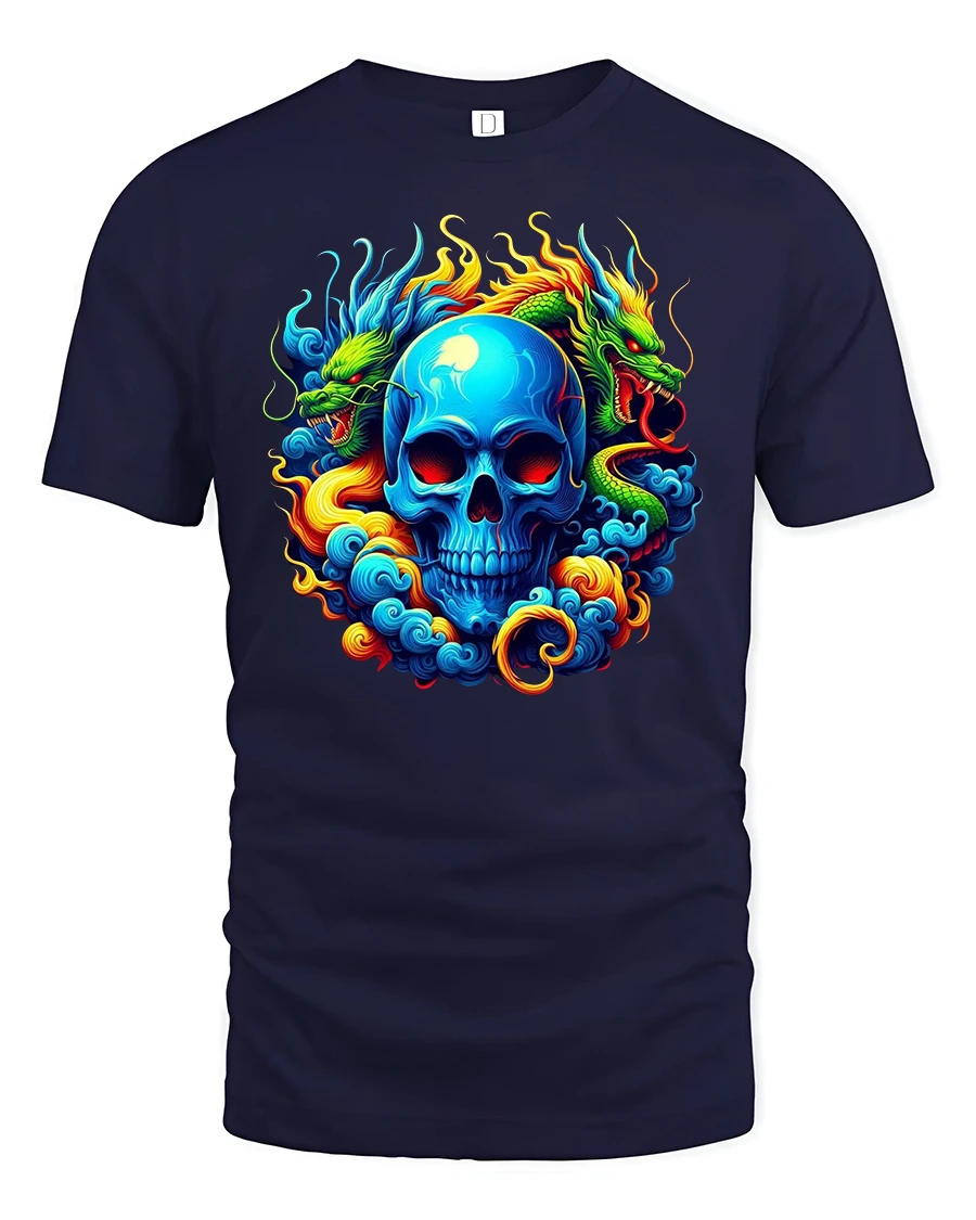 Vibrant Dragon Skull Flame Art T-Shirt for Bold Style Fans - 1 Vibrant Dragon Skull Flame Art T-Shirt for Bold Style Fans - navy t-shirt on white background