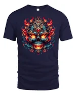 Fiery Ornate Skull Flame Art T-Shirt for Bold Style Fans - navy t-shirt on white background