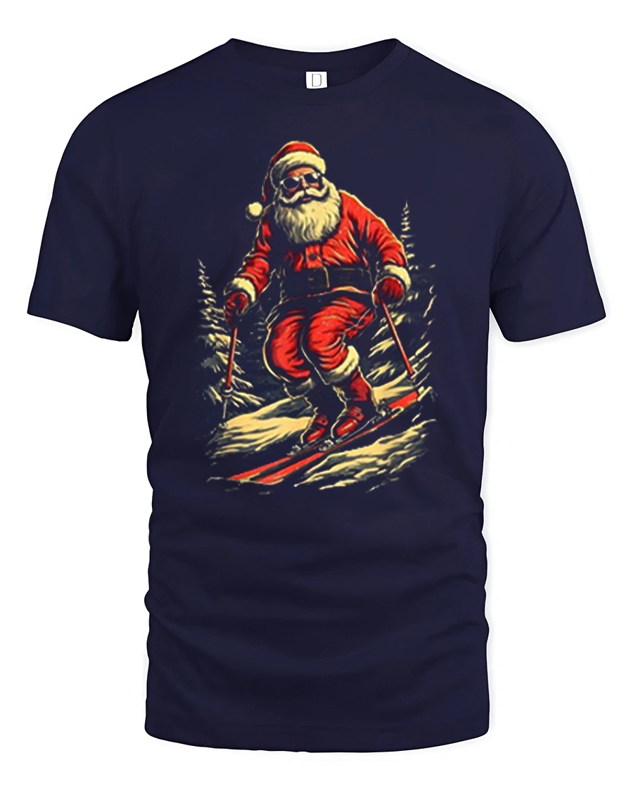 Vintage Skiing Santa Christmas T-Shirt for Holiday Fun Lovers - 1 Vintage Skiing Santa Christmas T-Shirt for Holiday Fun Lovers - navy t-shirt on white background