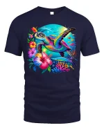 Vibrant Tropical Sea Turtle Graphic T-Shirt for Ocean Lovers - navy t-shirt on white background