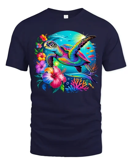 Vibrant Tropical Sea Turtle Graphic T-Shirt for Ocean Lovers - navy t-shirt on white background