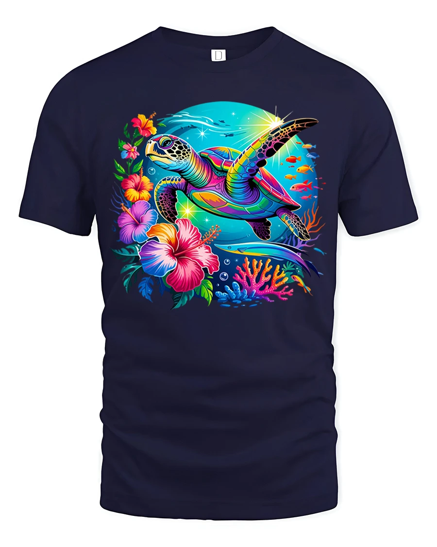 Vibrant Tropical Sea Turtle Graphic T-Shirt for Ocean Lovers - 1 Vibrant Tropical Sea Turtle Graphic T-Shirt for Ocean Lovers - navy t-shirt on white background