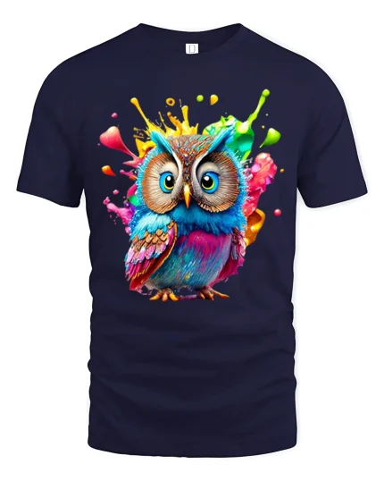 Colorful Splatter Owl Art T-Shirt for Creative Style Lovers - navy t-shirt on white background