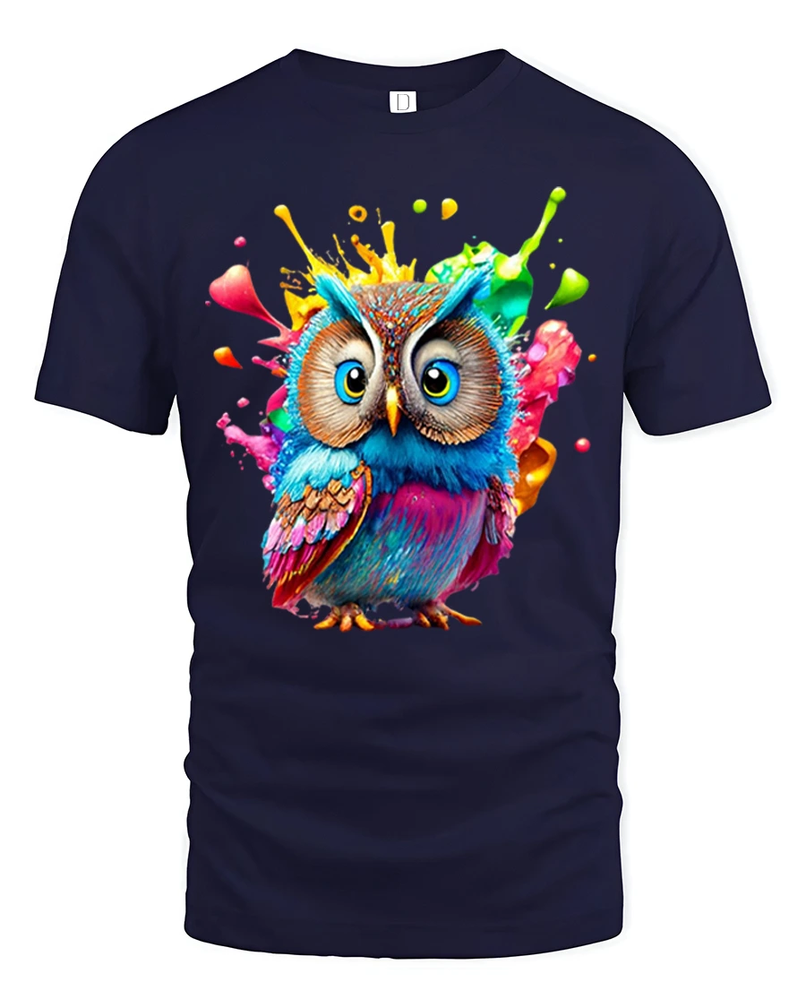 Colorful Splatter Owl Art T-Shirt for Creative Style Lovers - 1 Colorful Splatter Owl Art T-Shirt for Creative Style Lovers - navy t-shirt on white background
