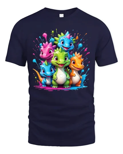 Cute Colorful Baby Dragons Graphic T-Shirt for Fantasy Fans - navy t-shirt on white background
