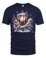 Cozy Christmas Lamp Post Snowy Wreath T-Shirt for Holiday Joy - navy t-shirt on white background