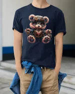 Cute Steampunk Bear Mechanical Heart T-Shirt for Gear Lovers - model wearing navy tee with hands in pockets