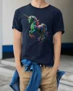 Vibrant Rainbow Unicorn Art T-Shirt for Fantasy Lovers - model wearing navy tee with hands in pockets