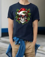 Cool Santa Skull Christmas Graphic T-Shirt for Holiday Fun - model wearing navy tee with hands in pockets