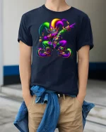 Vibrant Mardi Gras Jester Mask T-Shirt for Festival Lovers - model wearing navy tee with hands in pockets