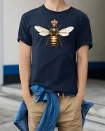 Royal Queen Bee Crown Graphic T-Shirt for Nature Lovers - model wearing navy tee with hands in pockets