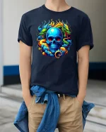 Vibrant Dragon Skull Flame Art T-Shirt for Bold Style Fans - model wearing navy tee with hands in pockets