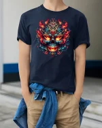 Fiery Ornate Skull Flame Art T-Shirt for Bold Style Fans - model wearing navy tee with hands in pockets