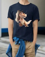 Cute Dinosaur Breakthrough T-Shirt for Fun Kids and Adults - model wearing navy tee with hands in pockets