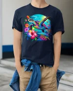 Vibrant Tropical Sea Turtle Graphic T-Shirt for Ocean Lovers - model wearing navy tee with hands in pockets