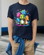 Cute Colorful Baby Dragons Graphic T-Shirt for Fantasy Fans - model wearing navy tee with hands in pockets