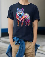 Vibrant Rainbow Wolf Art T-Shirt for Bold Creative Style Fans - model wearing navy tee with hands in pockets