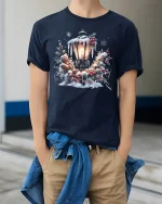 Cozy Christmas Lamp Post Snowy Wreath T-Shirt for Holiday Joy - model wearing navy tee with hands in pockets