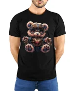 Cute Steampunk Bear Mechanical Heart T-Shirt for Gear Lovers - model wearing black tee with hands behind back