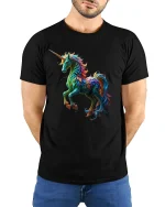 Vibrant Rainbow Unicorn Art T-Shirt for Fantasy Lovers - model wearing black tee with hands behind back