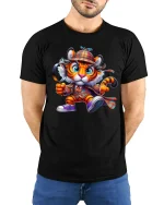 Cute Detective Tiger Graphic T-Shirt for Fun Mystery Lovers - model wearing black tee with hands behind back