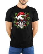 Cool Santa Skull Christmas Graphic T-Shirt for Holiday Fun - model wearing black tee with hands behind back