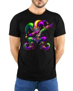 Vibrant Mardi Gras Jester Mask T-Shirt for Festival Lovers - model wearing black tee with hands behind back