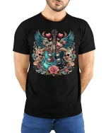 Rock Guitar Skulls and Roses Graphic T-Shirt for Music Fans - model wearing black tee with hands behind back