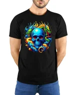 Vibrant Dragon Skull Flame Art T-Shirt for Bold Style Fans - model wearing black tee with hands behind back
