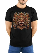 Ornate Mythic Mask Art T-Shirt for Bold Tribal Style Fans - model wearing black tee with hands behind back