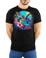 Vibrant Tropical Sea Turtle Graphic T-Shirt for Ocean Lovers - model wearing black tee with hands behind back