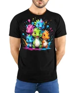 Cute Colorful Baby Dragons Graphic T-Shirt for Fantasy Fans - model wearing black tee with hands behind back