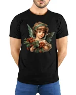 Vintage Christmas Angel Berry Art T-Shirt for Holiday Lovers - model wearing black tee with hands behind back