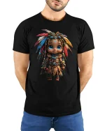 Cute Fantasy Tribal Explorer Graphic T-Shirt for Fun Style - model wearing black tee with hands behind back