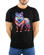 Vibrant Rainbow Wolf Art T-Shirt for Bold Creative Style Fans - model wearing black tee with hands behind back