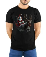 Creepy Evil Santa Clown Christmas T-Shirt for Horror Lovers - model wearing black tee with hands behind back