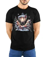 Cozy Christmas Lamp Post Snowy Wreath T-Shirt for Holiday Joy - model wearing black tee with hands behind back