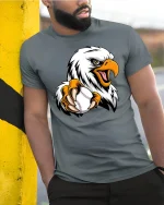 American Eagle Baseball Claw Power Tee for Players Fans - model wearing grey tee, leaning on column