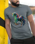 Vibrant Rainbow Unicorn Art T-Shirt for Fantasy Lovers - model wearing grey tee, leaning on column