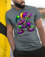 Vibrant Mardi Gras Jester Mask T-Shirt for Festival Lovers - model wearing grey tee, leaning on column