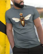 Royal Queen Bee Crown Graphic T-Shirt for Nature Lovers - model wearing grey tee, leaning on column