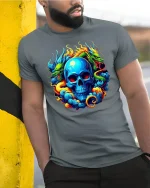 Vibrant Dragon Skull Flame Art T-Shirt for Bold Style Fans - model wearing grey tee, leaning on column