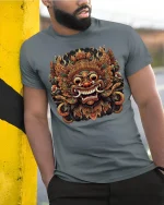 Ornate Mythic Mask Art T-Shirt for Bold Tribal Style Fans - model wearing grey tee, leaning on column