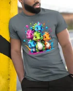 Cute Colorful Baby Dragons Graphic T-Shirt for Fantasy Fans - model wearing grey tee, leaning on column