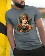 Vintage Christmas Angel Berry Art T-Shirt for Holiday Lovers - model wearing grey tee, leaning on column
