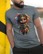 Cute Fantasy Tribal Explorer Graphic T-Shirt for Fun Style - model wearing grey tee, leaning on column